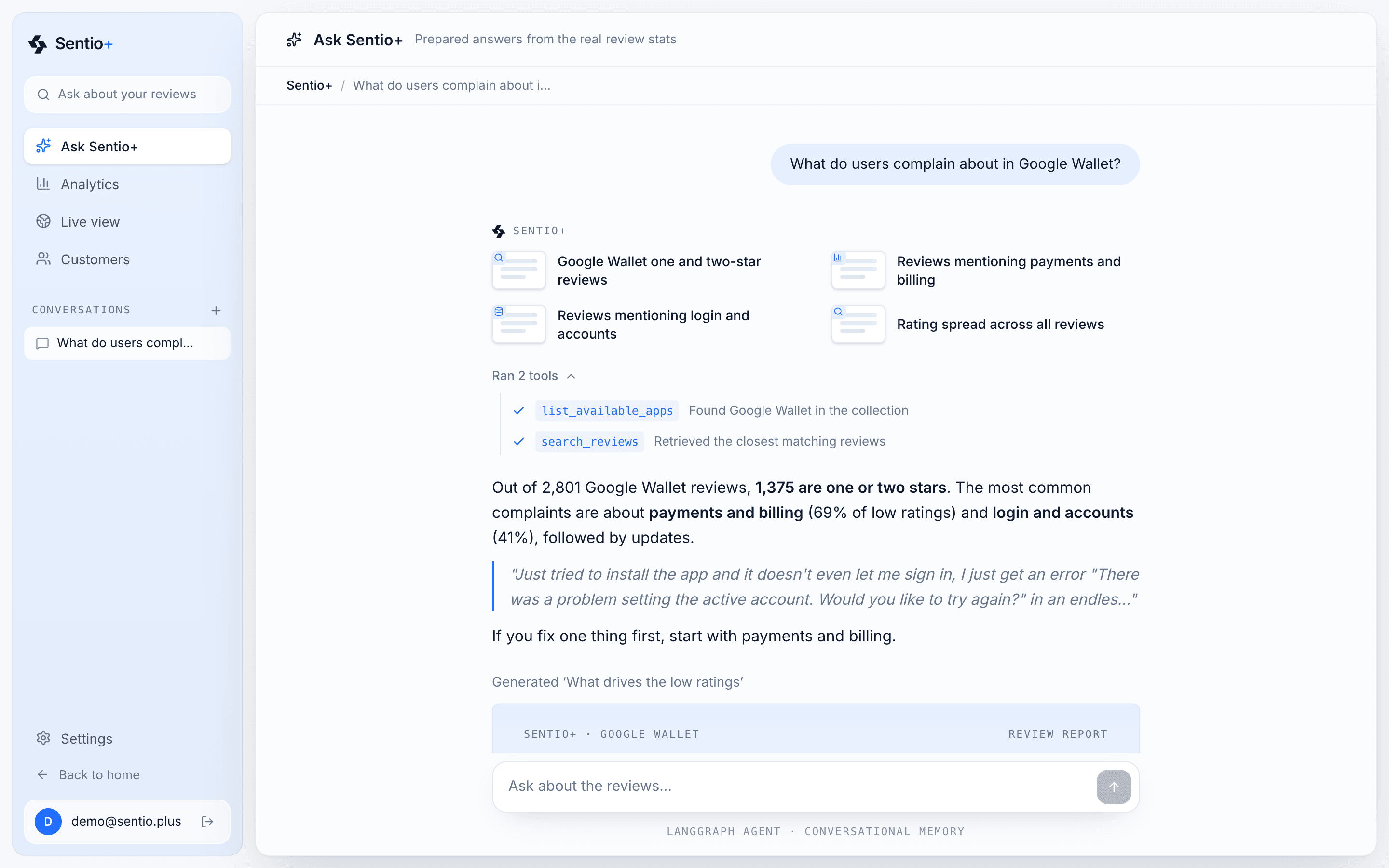 Sentio+ answering a question about Google Wallet reviews