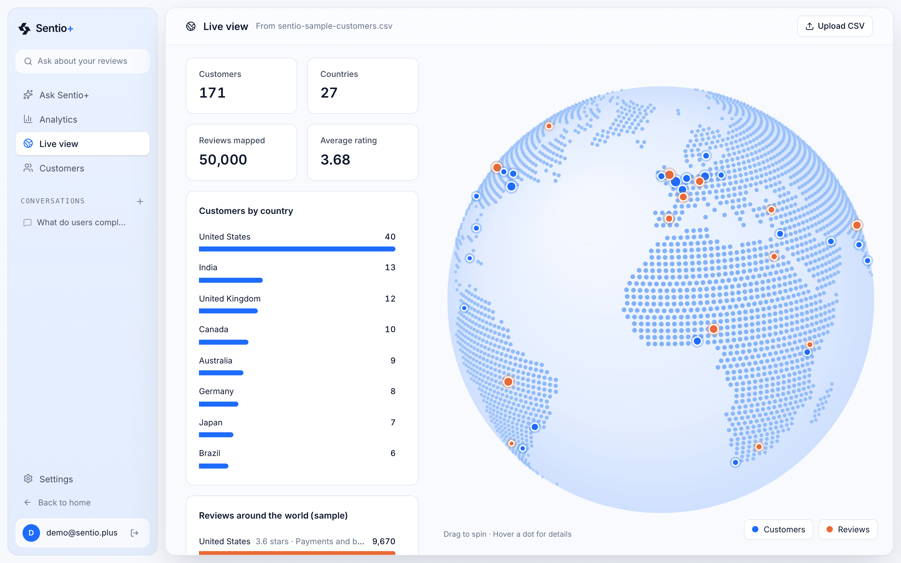 The live view globe with customers and reviews plotted by country