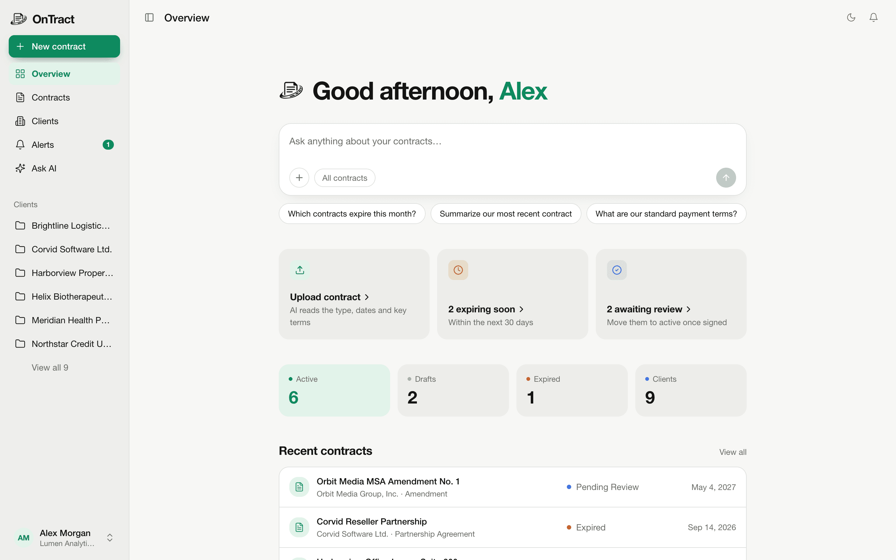 The OnTract overview with the expiring-soon and awaiting-review counts