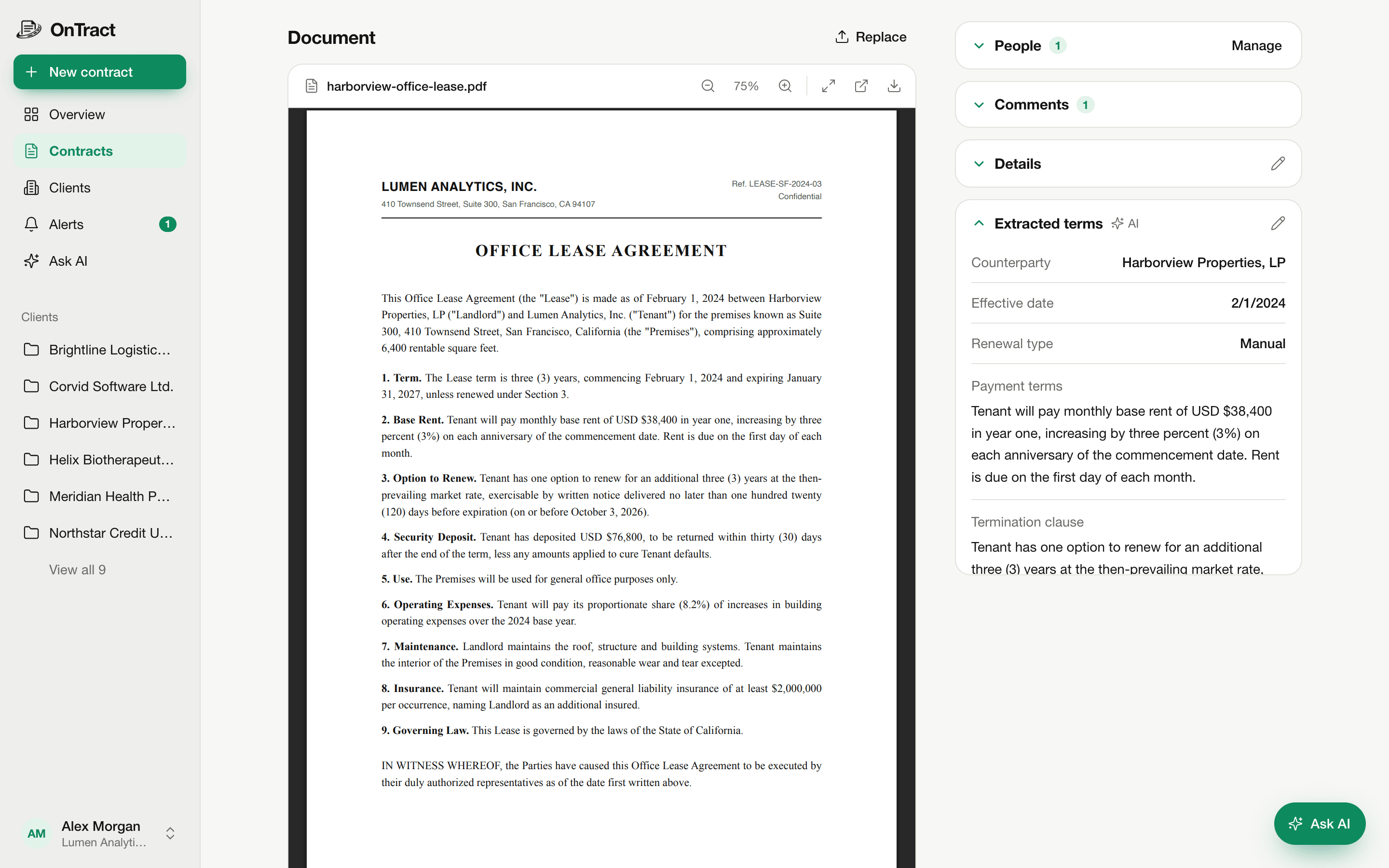 A lease PDF beside the terms the AI extracted from it