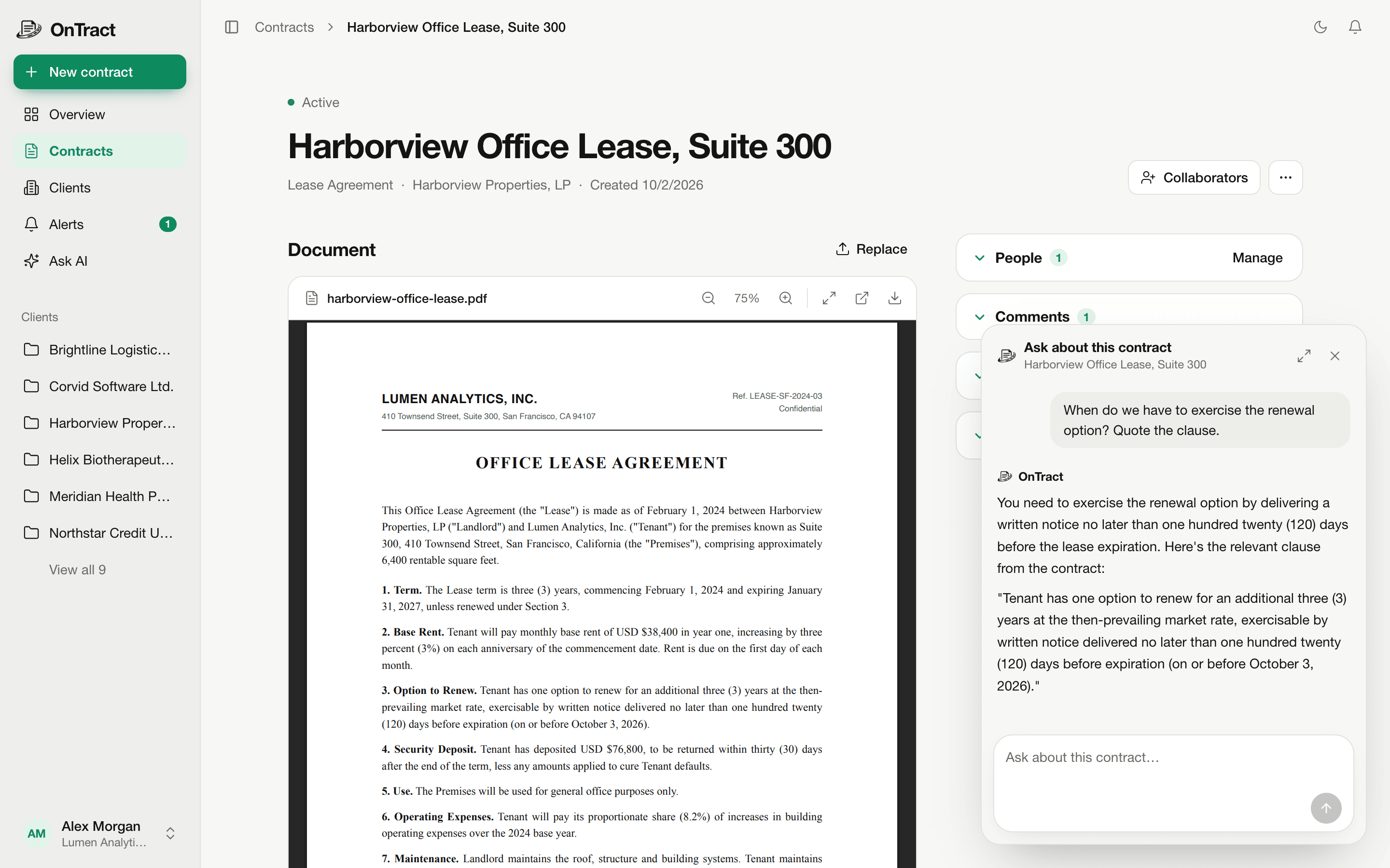 The contract assistant answering with a quoted clause